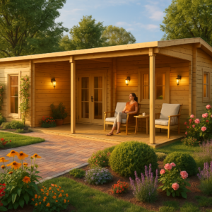 Blockbohlenhaus “Hansa Holiday B” 9x7m | Blockhaus als Ferienhaus kaufen | 7x9m großes Blockbohlenhaus als Sommerhaus kaufen mit Schlafboden, mit Sonnendach, mit Terrasse Unkategorisiert online kaufen