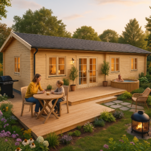 Blockhaus mit 2 Schlafzimmern und Terrasse “Edward” 13x6m | Großes Blockhaus 13x6m | Blockhaus | Blockbohlenhaus mit Schlafboden, mit Sonnendach, mit Terrasse Unkategorisiert online kaufen