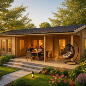 Blockhaus mit Terrasse “Hansa Holiday C” 11x6m | Blockhaus als Ferienhaus kaufen | Großes Blockhaus aus Holz mit Schlafboden, mit Sonnendach, mit Terrasse Unkategorisiert online kaufen