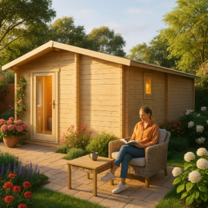 Eck-Blockhaus mit Schlafzimmer “Devon 1” 8x8m | Großes Eck-Blockhaus 4x6m | Eck-Blockhaus | Holzhaus als Ferienhaus kaufen mit Schlafboden